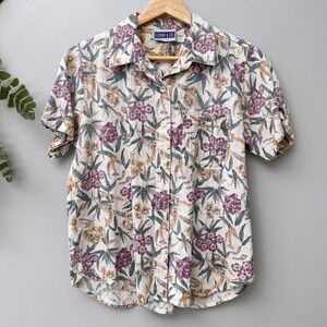 Erika & Co. Shirt Cottagecore Floral Seersucker Button Up Purple Botanical Camp